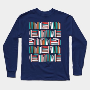 Colourful books // oxford navy blue bookshelf background orange neon red white and flesh coral books Long Sleeve T-Shirt